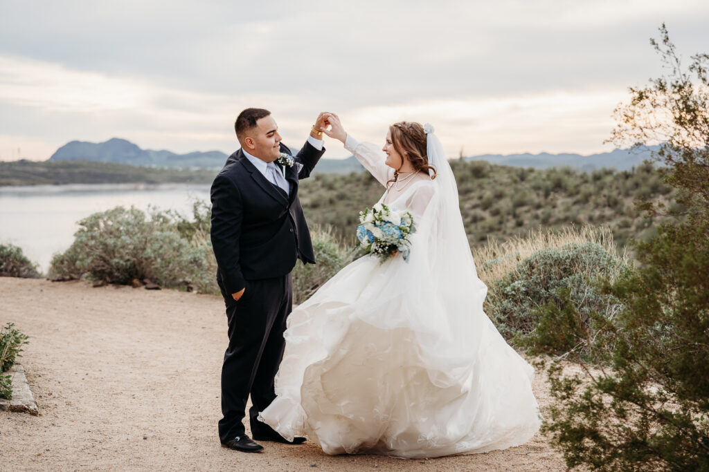 Desert Outdoor Center at Lake Pleasant, bride and groom poses, bride and groom with desert and lake backdrop, arizona wedding photographer