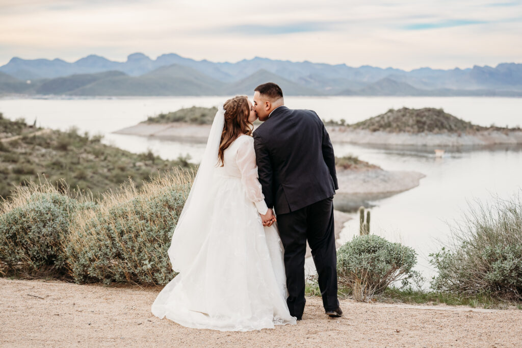 Desert Outdoor Center at Lake Pleasant, bride and groom poses, bride and groom with desert and lake backdrop, arizona wedding photographer