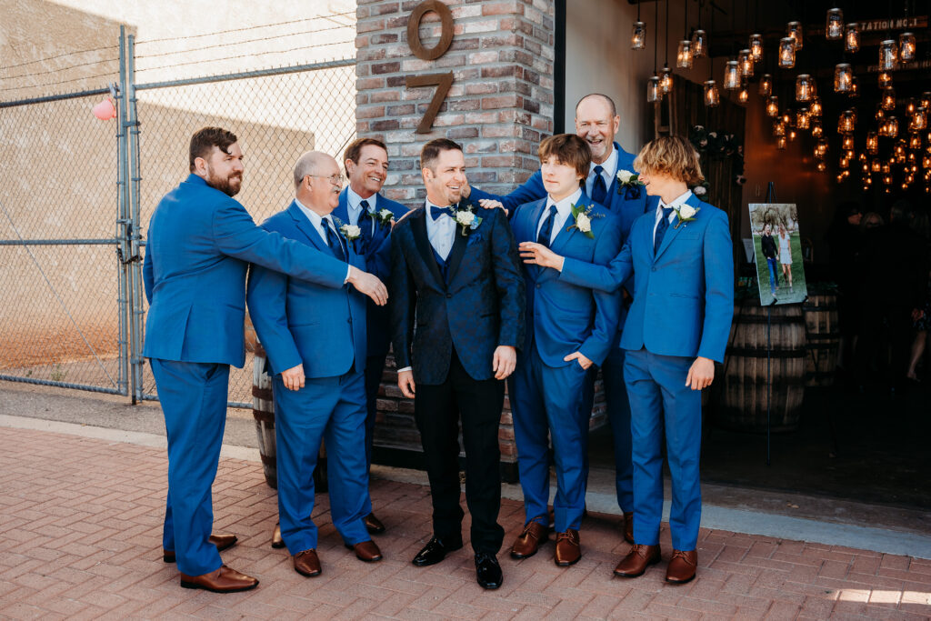 Fire House Event Center ceremony, arizona wedding photographer, navy blue paisley tux for groom, groomsmen posing ideas