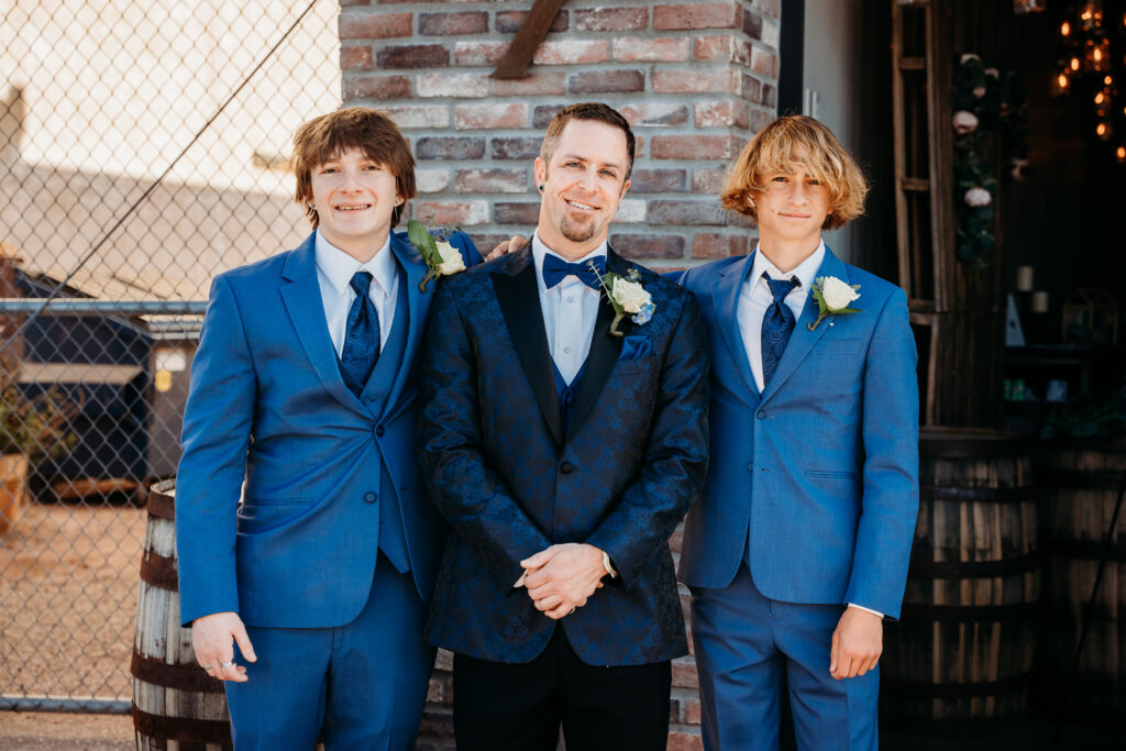 Fire House Event Center ceremony, arizona wedding photographer, navy blue paisley tux for groom, groomsmen posing ideas