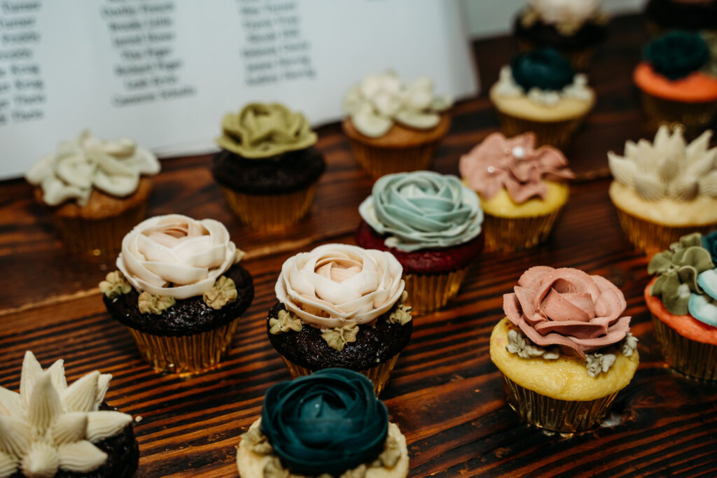 Fire House Event Center reception, arizona wedding photographer, floral wedding cupcakes