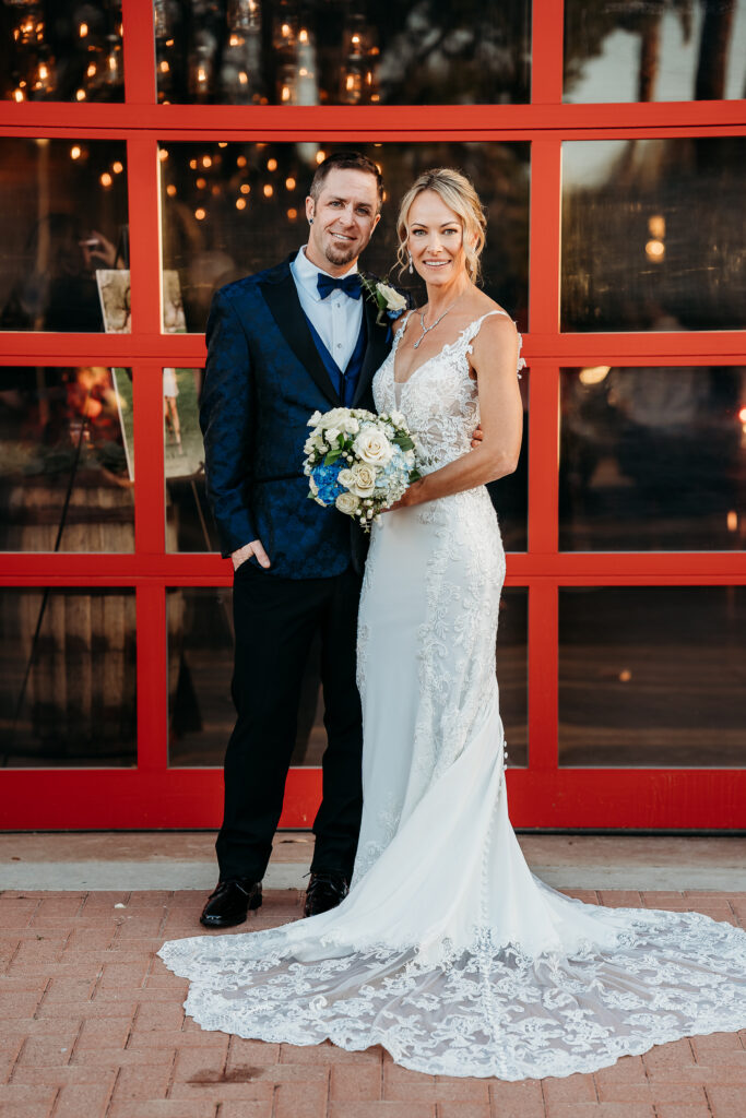 Fire House Event Center, arizona wedding photographer, wedding formal photo poses, bride and groom posing ideas, sleeveless lace gown with a deep V-neckline