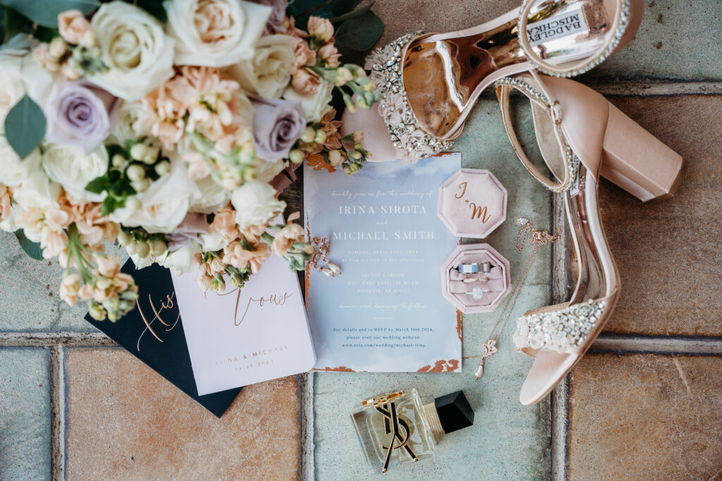 blush heals, wedding flat lay, lilac and peach roses with a hint of gold