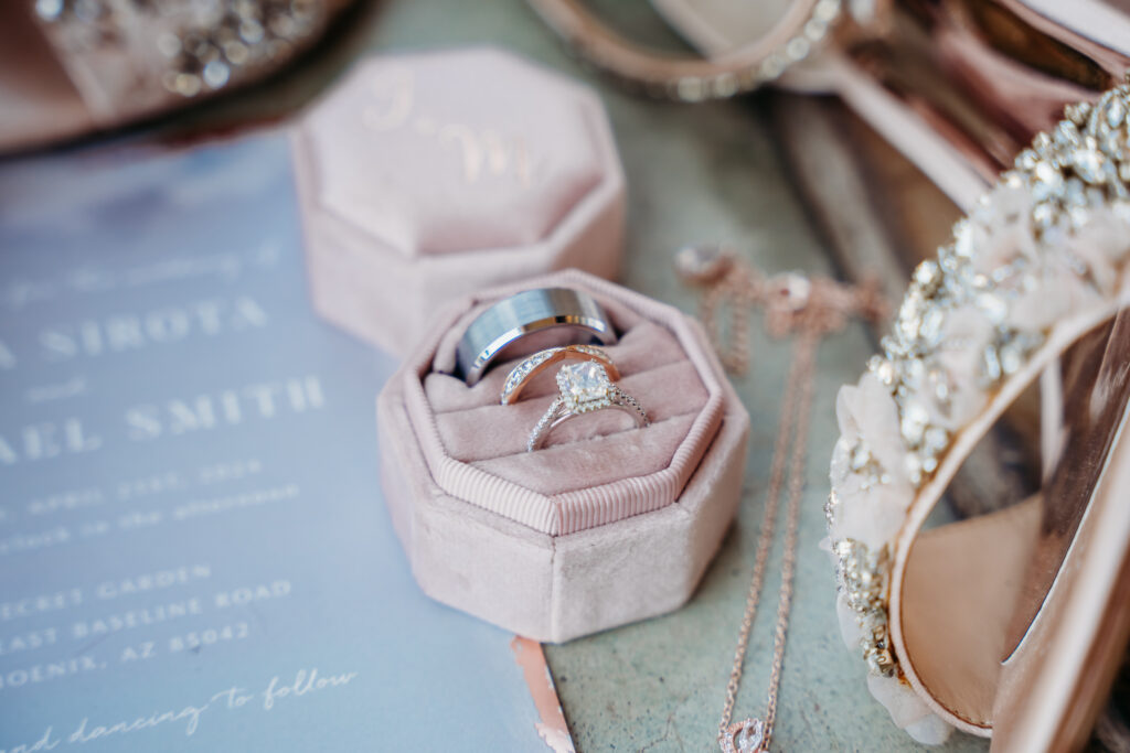 wedding flat lay with wedding rings, blush pink flat lay, arizona wedding photographer