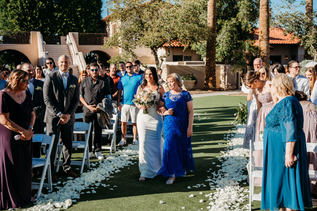 Ceremony at Secret Garden in Arizona, arizona wedding photographer, bride and mom walking down aisle