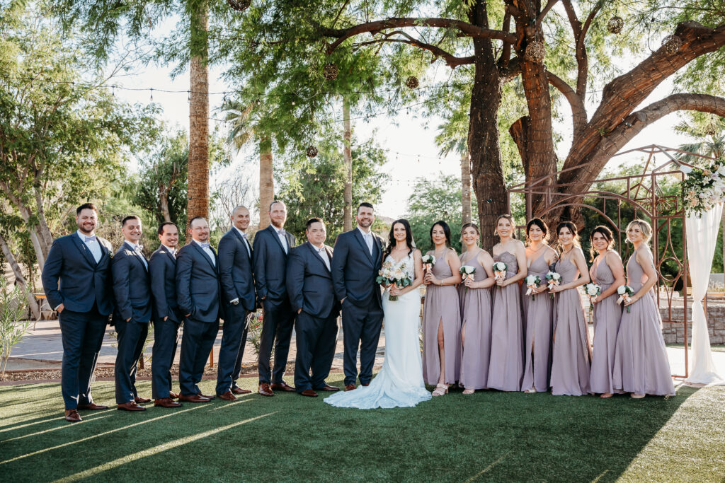 Secret Garden in Arizona, wedding party poses, lilac bridesmaid dresses