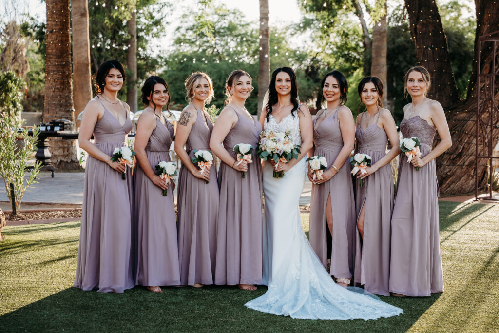 Secret Garden in Arizona, bride and bridesmaid poses, bridesmaid in lilac dresses