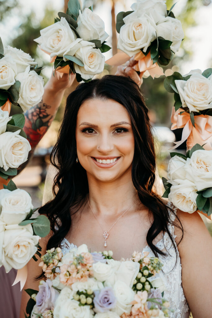 bride with bouquet wreath, arizona wedding photographer