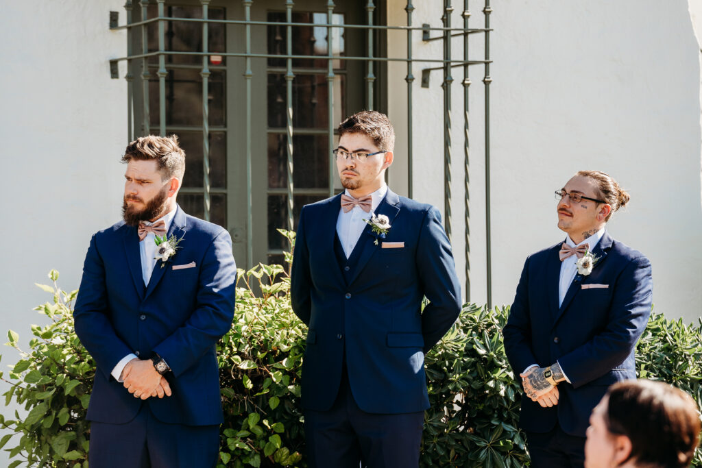 wedding reception at coronado house in phoenix, arizona wedding photographer, intimate wedding, groomsmen in navy tux