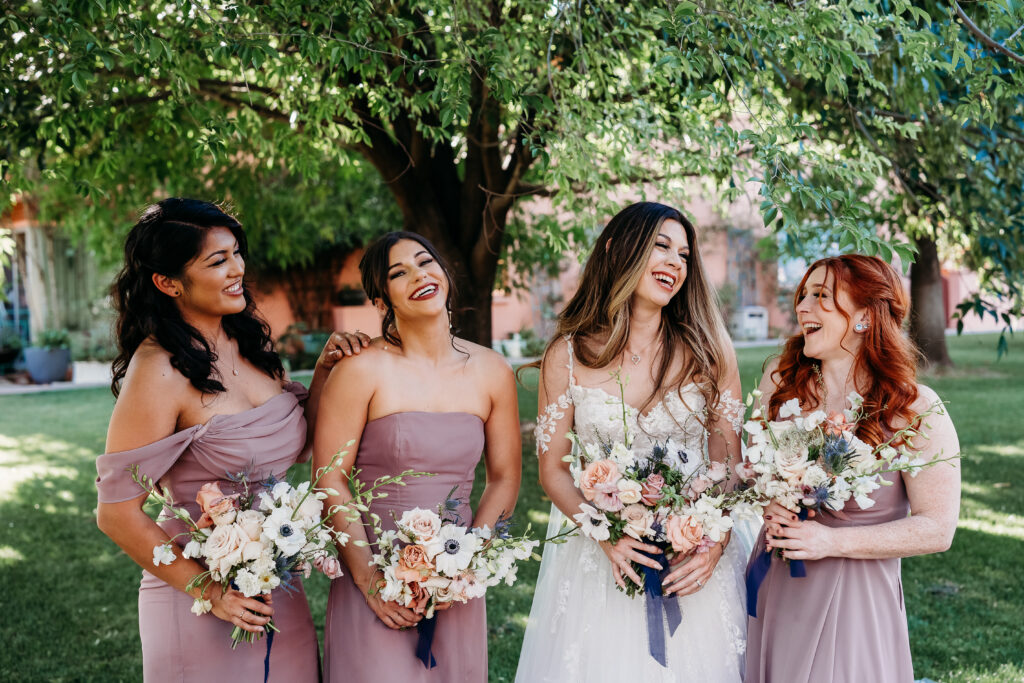 bride and bridesmaid poses, long lilac dresses bridesmaids, arizona wedding photographer