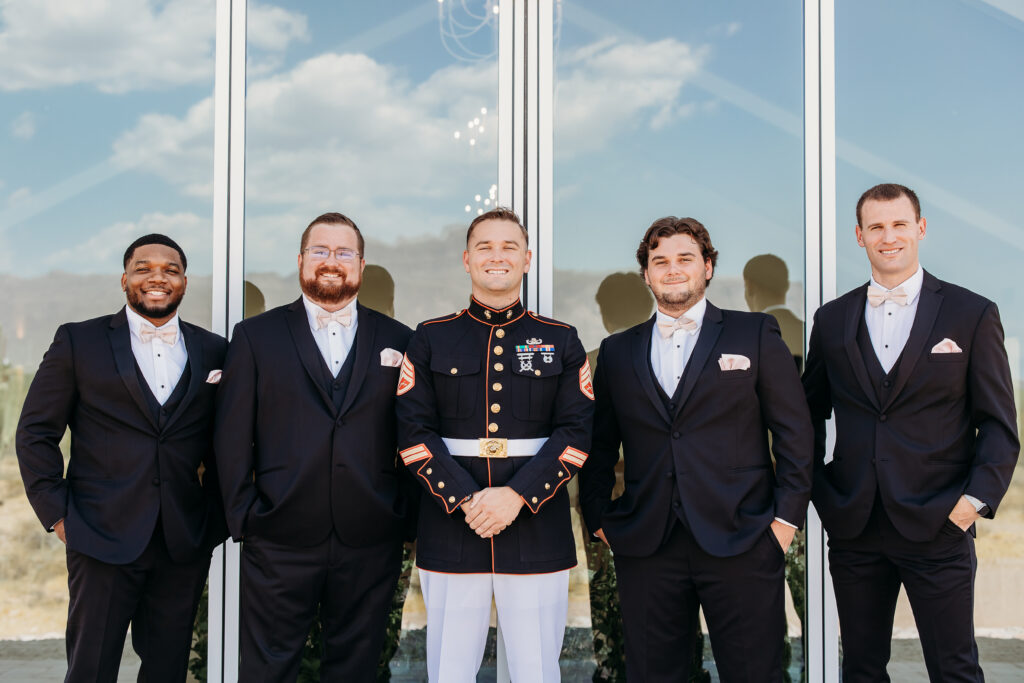 groomsmen in black tux, grooms men posing ideas, arizona wedding photographer, military wedding