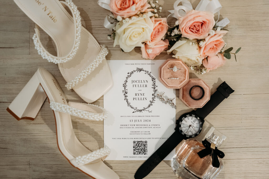 wedding flat lay, pink and white roses, wedding details