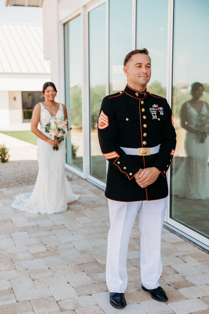 first look with groom, military wedding, Desert View Weddings & Events, arizona wedding photographer