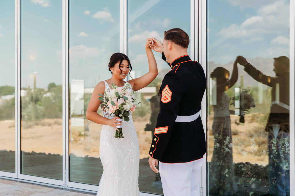 first look with groom, military wedding, Desert View Weddings & Events, arizona wedding photographer