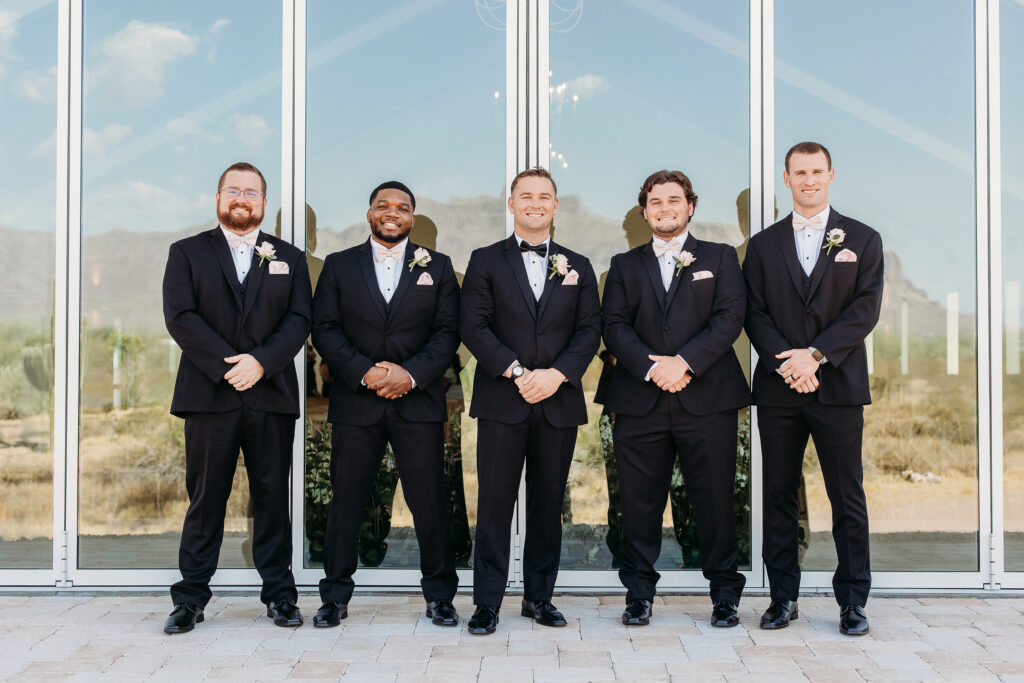 groom and groomsmen, black tux with pink tie, groomsmen posing ideas, arizona wedding photographer