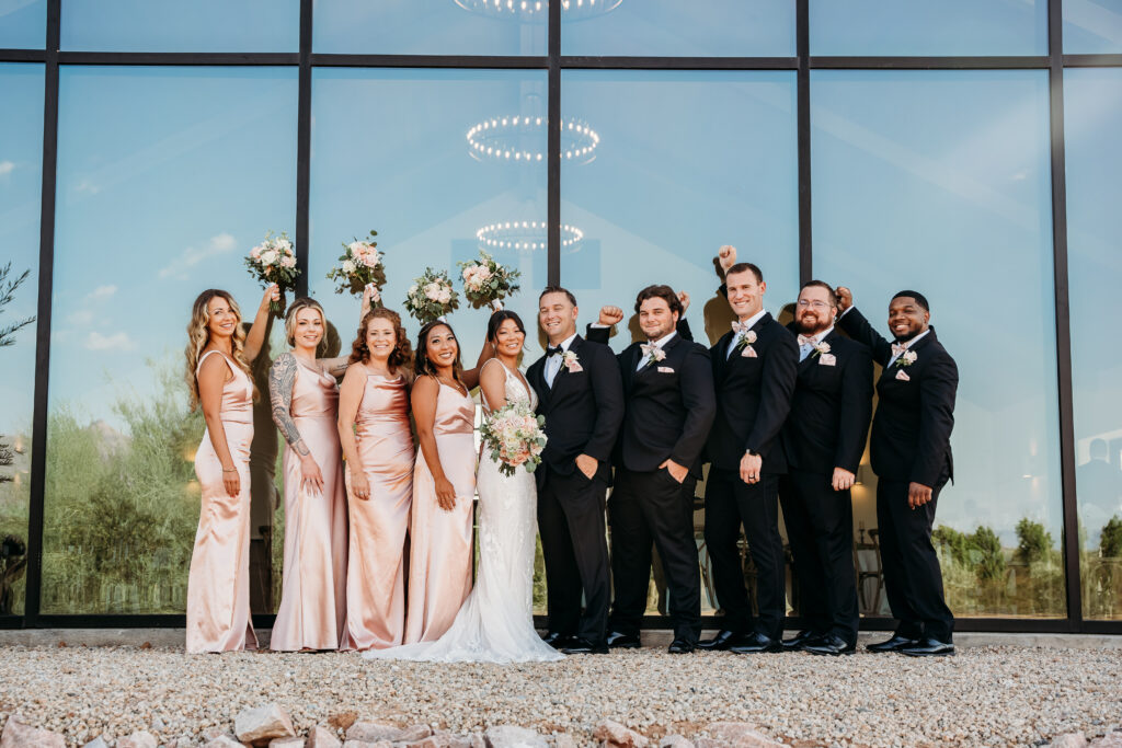 Bridal party poses, pink bridesmaid dresses, rose bouquets, arizona wedding photographer, Desert View Weddings & Events