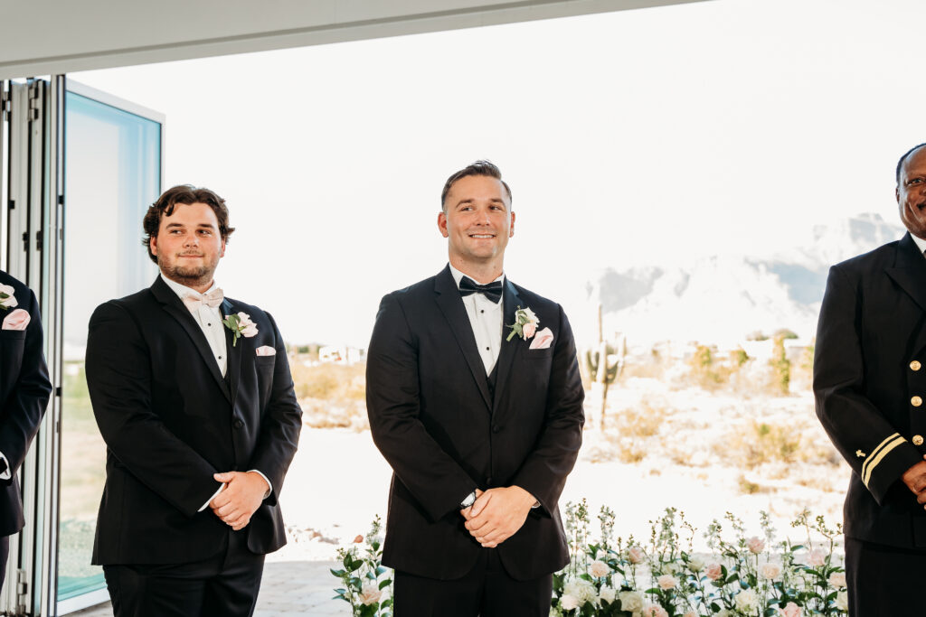 Desert View Weddings & Events ceremony, superstition mountain views, arizona wedding photographer, groom waiting for bride