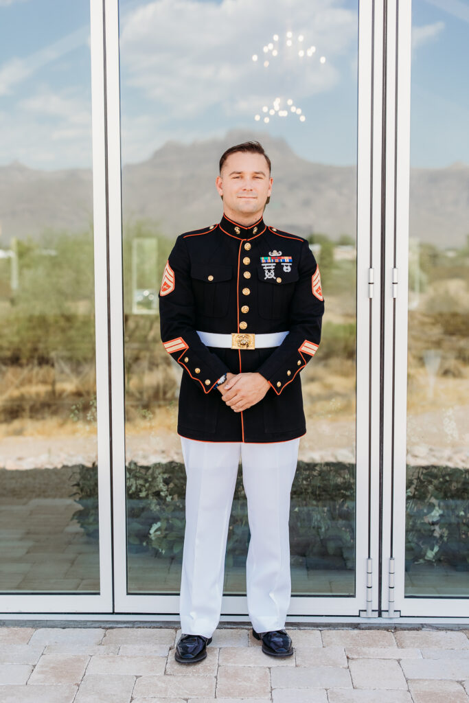 military wedding, groom in marine uniform, arizona wedding photographer