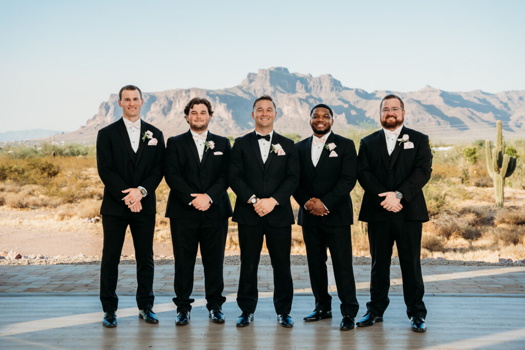 superstition mountains, superstition mountains wedding photos,groomsmen in black tux, grooms men posing ideas, arizona wedding photographer