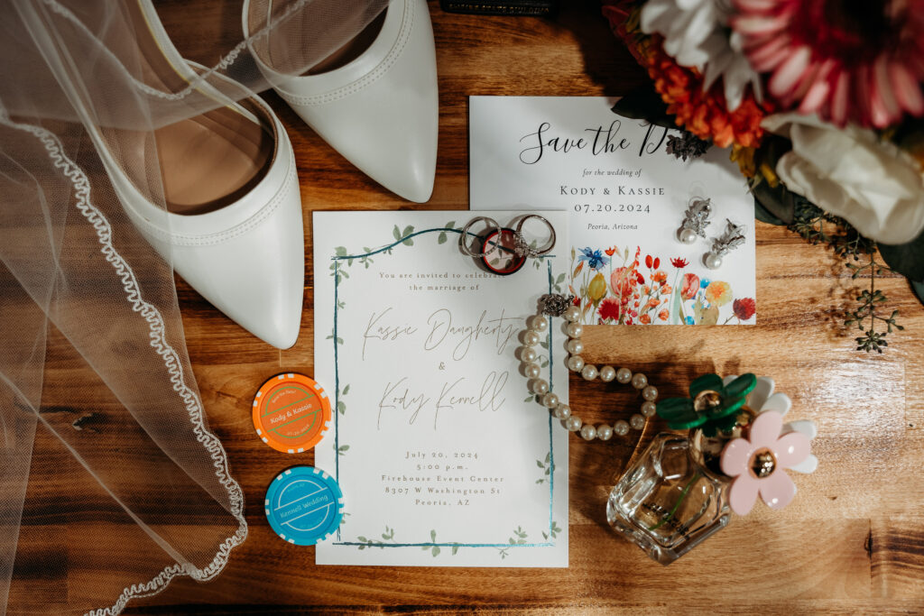 wedding flat lay, bright wedding colors