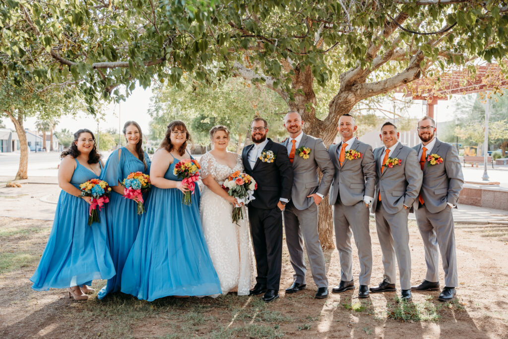 wedding party posing ideas, arizona wedding photographer, bright blue and orange wedding colors