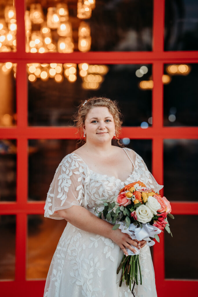 Fire House Event Center, bride posing ideas, bride in long leaf detailed dress, romantic wedding dress, arizona wedding photographer