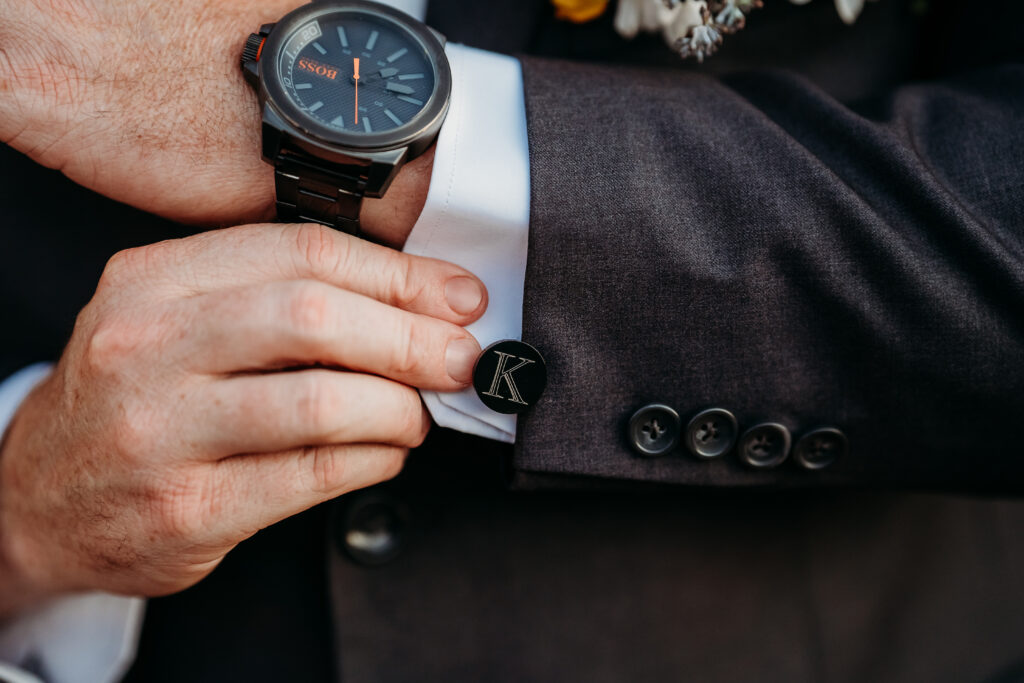 wedding details, tux cuffing gift, black tux, boss watch