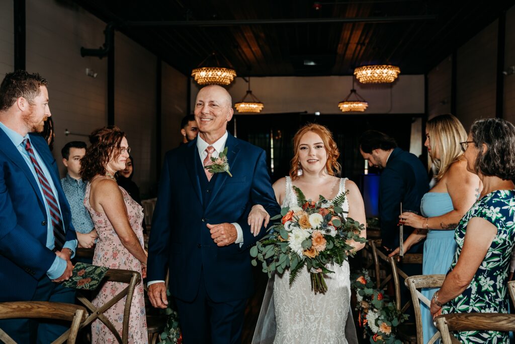 fire house event center ceremony, arizona wedding photographer, father walking bride down aisle