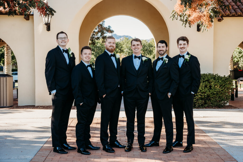 groomsmen posing ideas, groomsmen in black tux, verrado golf club wedding, arizona wedding photographer