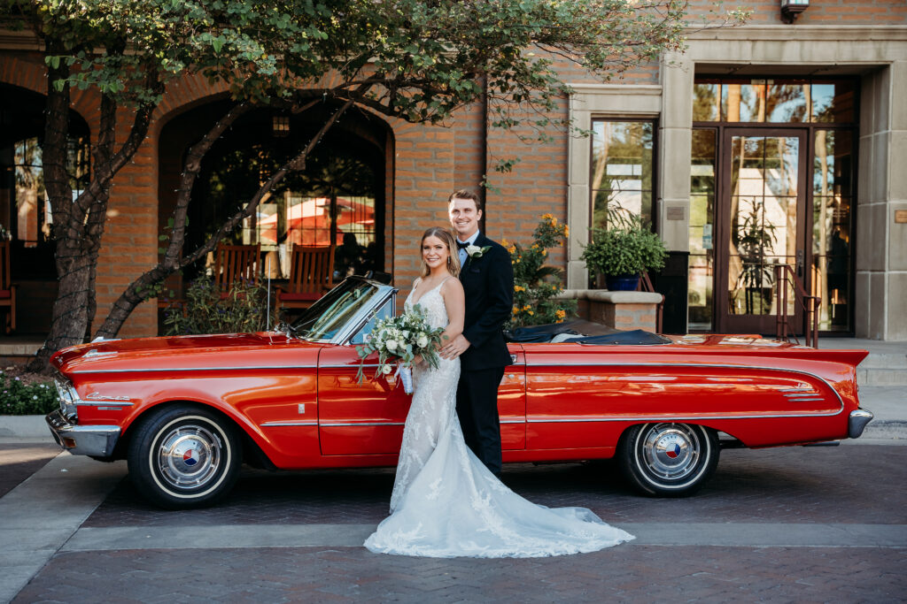 Bride and Groom Posing Ideas, arizona wedding photographer,bride and groom with red classic car